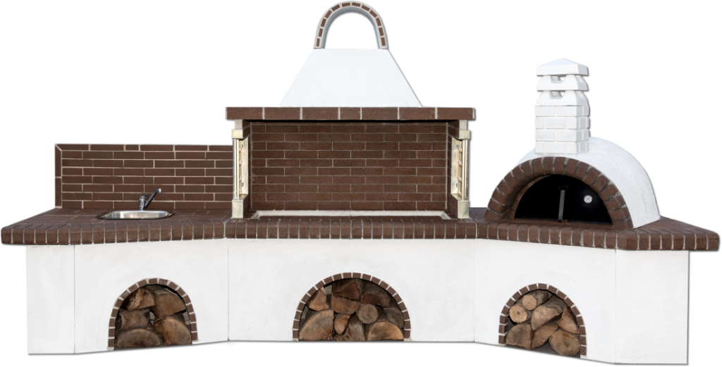 Gartengrill, Steinofen und Waschbecken bzw. Ablage mit braunem Feuerstein